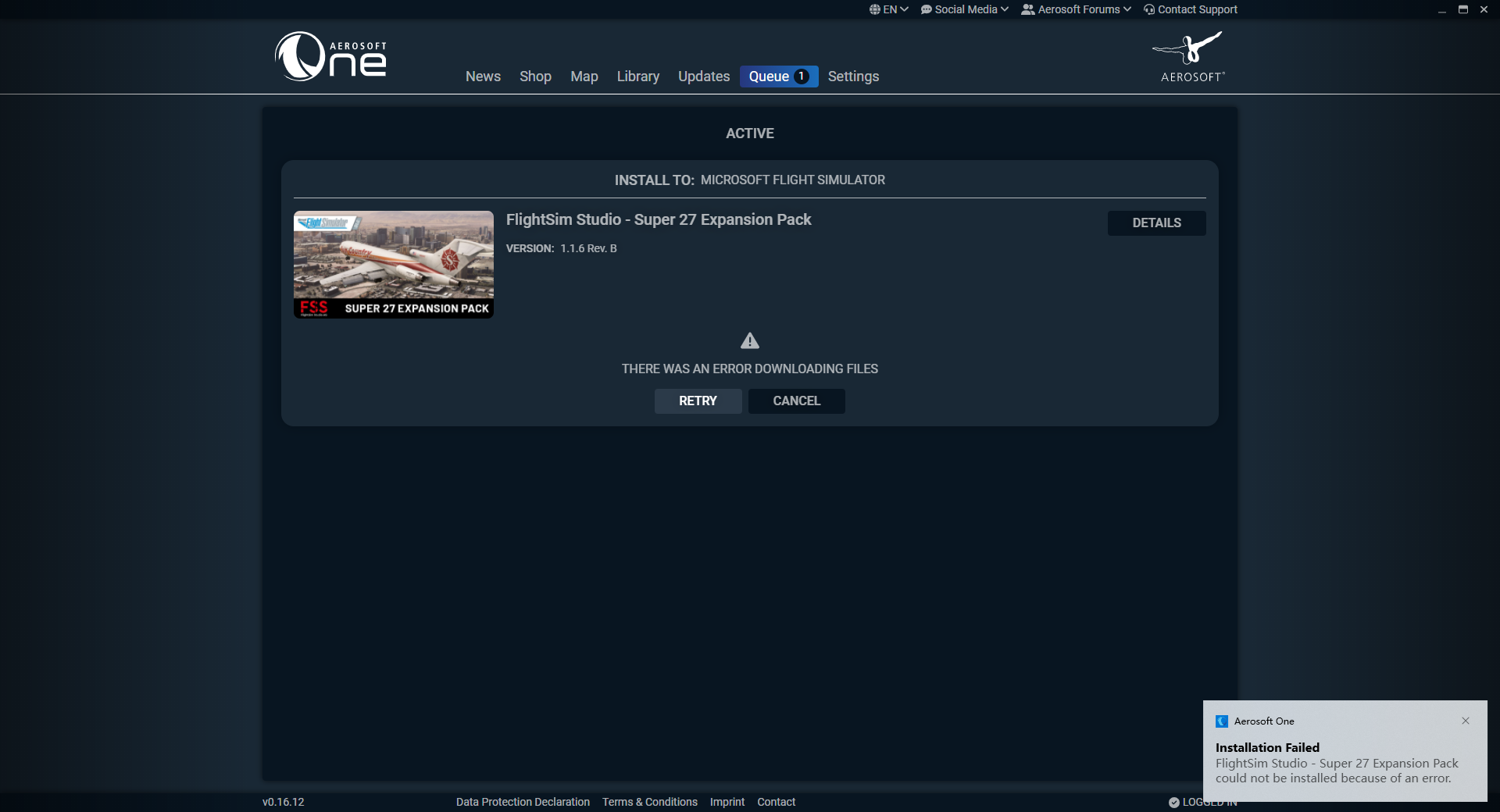 Unable to download FSS 727 super 27 via Aerosoft One