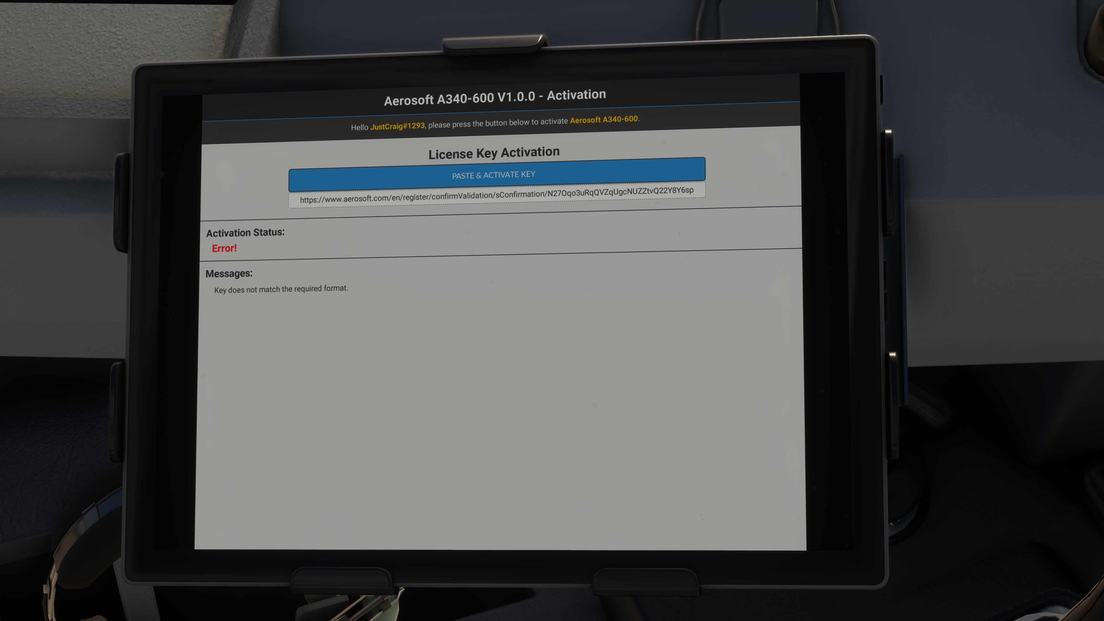 Can't activate key in A340-600's EFB
